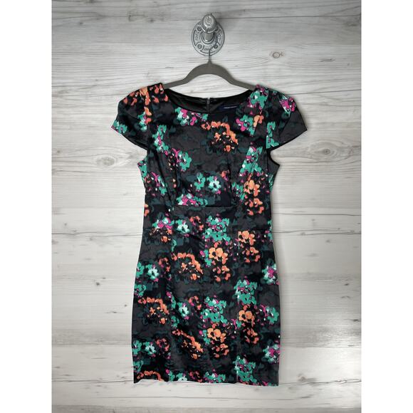 French Connection Dress Womens 8 Black Multicolor Floral Sheath Cap Sleeve Lined - Picture 1 of 9